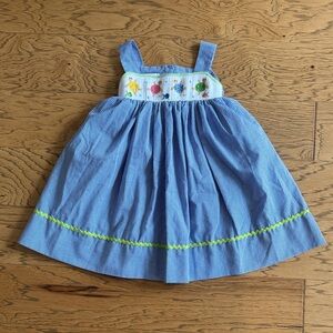 Lulu Bebe Blue Gingham Smocked Embroidered Sea Turtle Dress